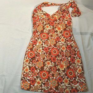 Shein Orange Brown Retro Floral Flower Halter Sun Dress Summer V-neck women's XS